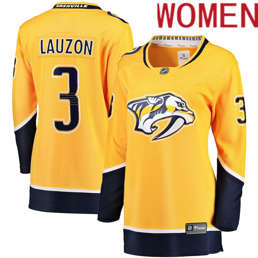 Women Nashville Predators 3 Jeremy Lauzon Fanatics Branded Gold Home Breakaway Player NHL Jersey